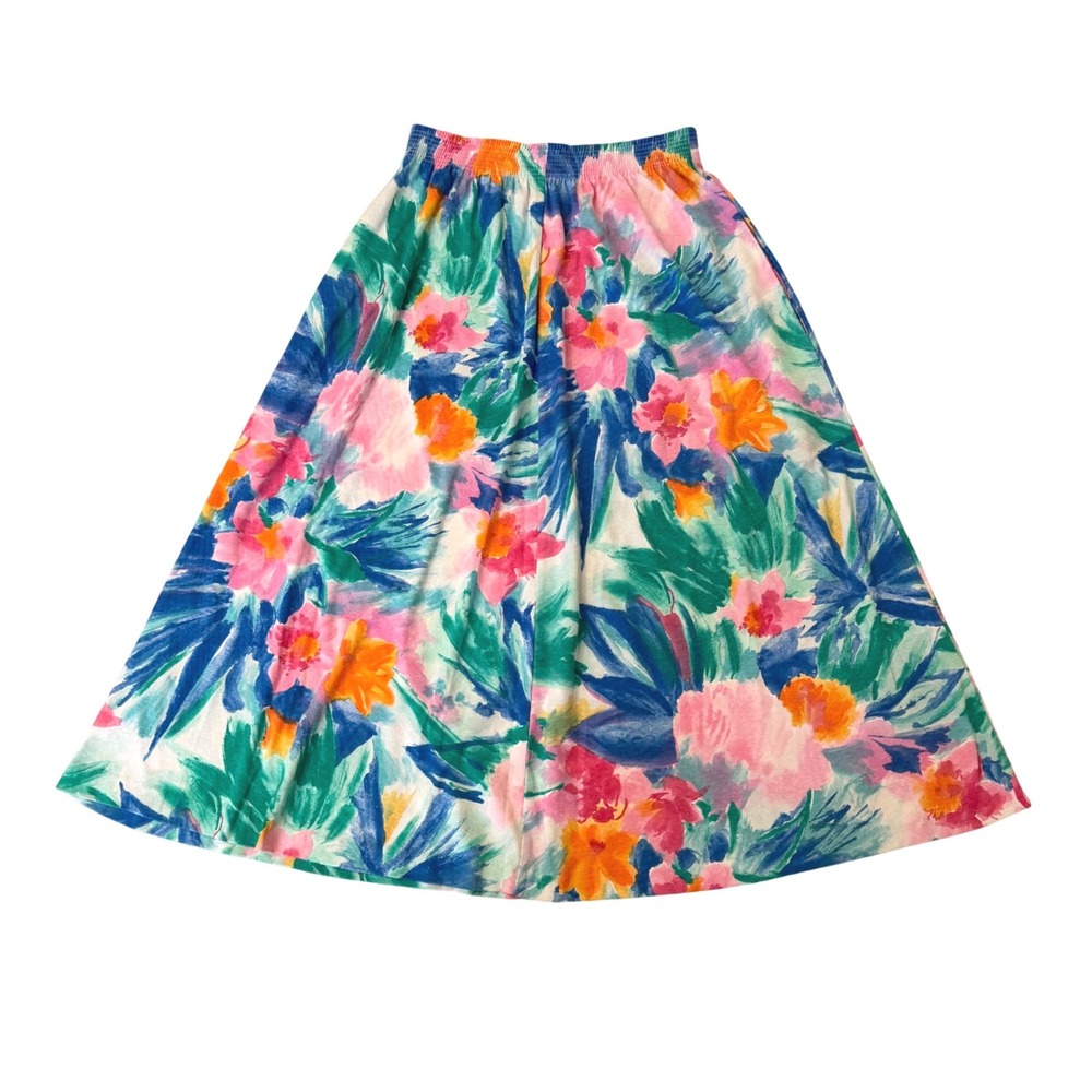 Peter Popovitch Vintage Tropical Floral Midi Skirt Pink Teal Blue S USA Cottage